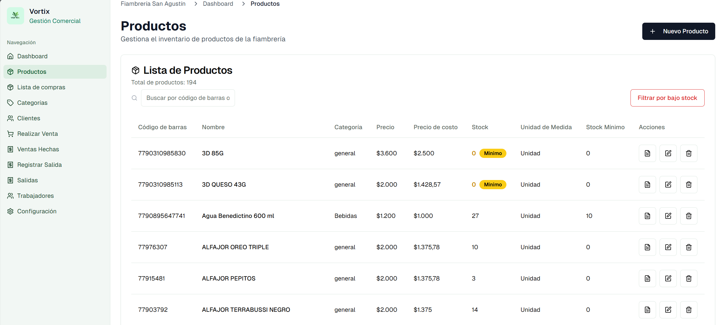 Módulo de productos en Vortix